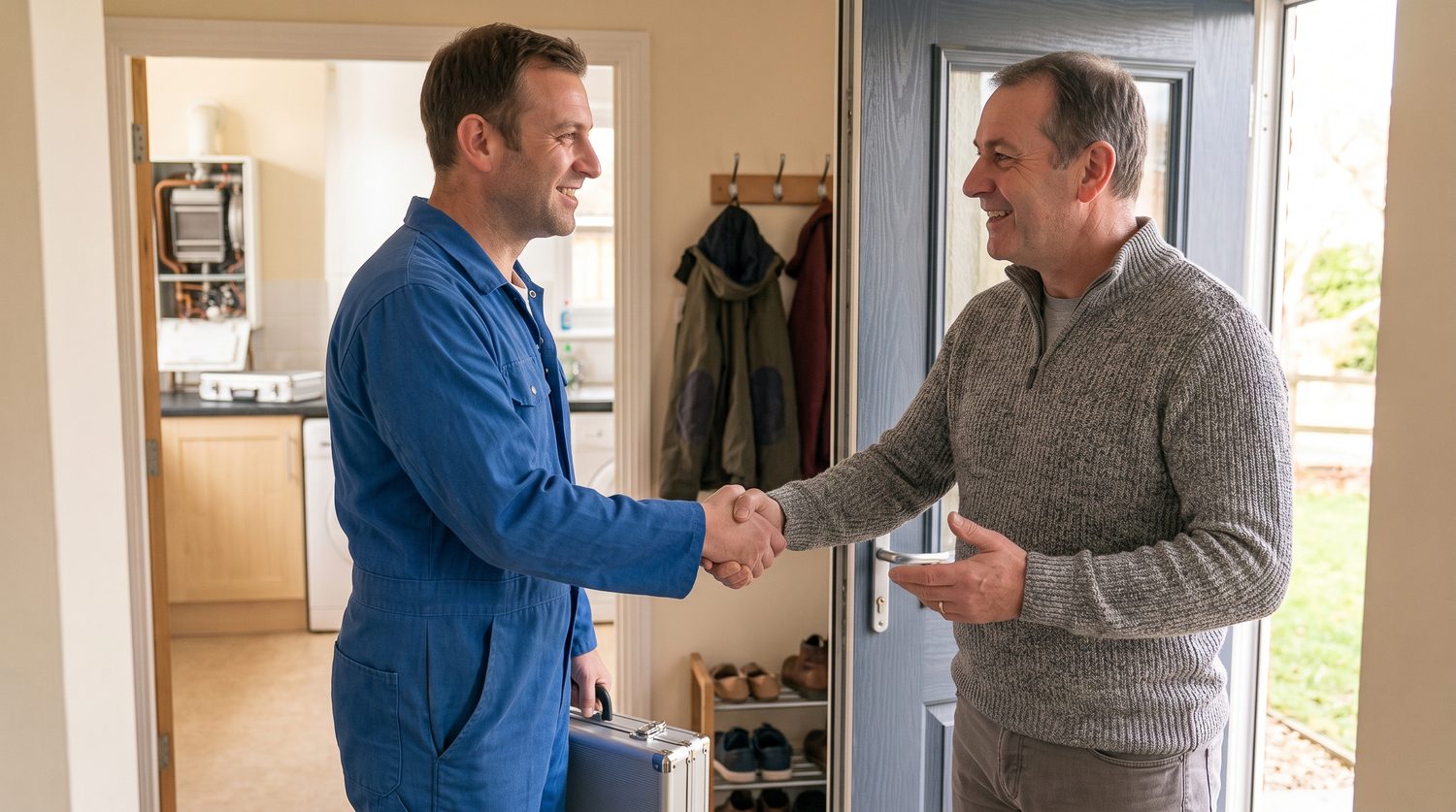 Teknisyenimiz memnun bir müşteriyle tokalaşırken